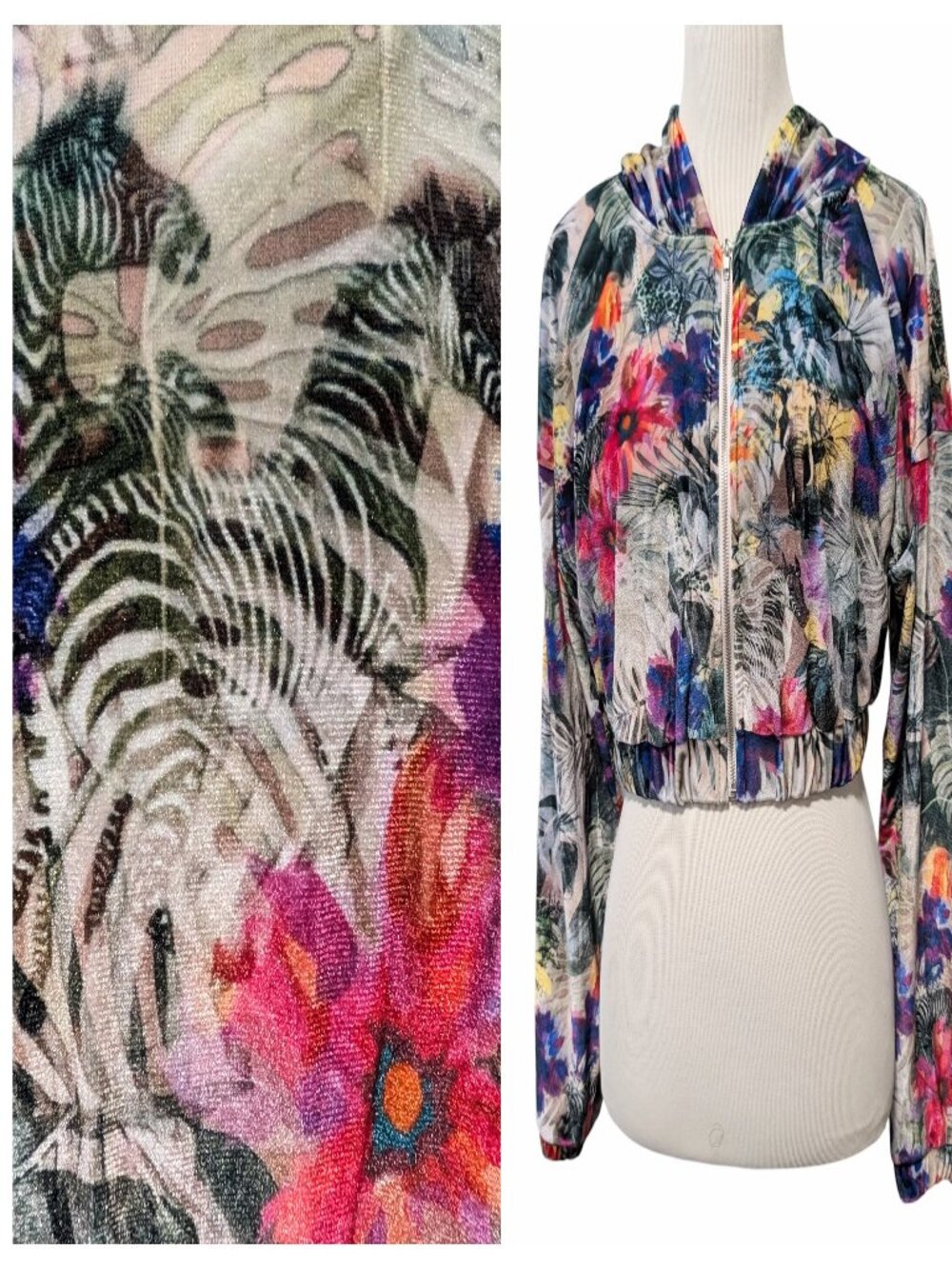 Spirithoods Womens NWT Sz M Safari Garden Velvet Full Zip Cropped Hooded Jacket